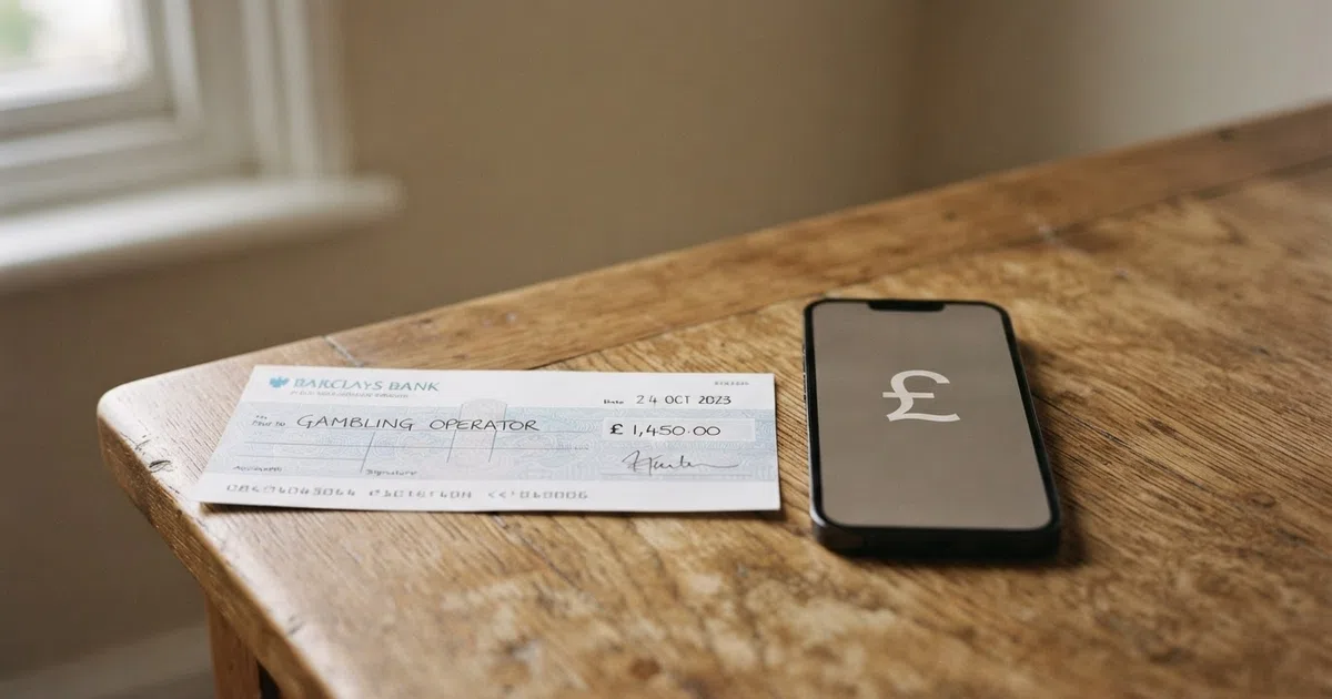 A blank bank cheque and a smartphone displaying a UK online casino banking page side by side on a desk