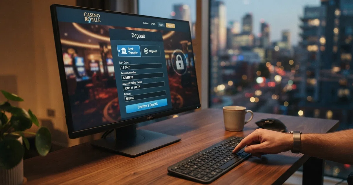 A desktop web browser displaying an online casino cashier page with Bank Transfer selected as the deposit method, showing sort code and account number fields alongside a confirmation button