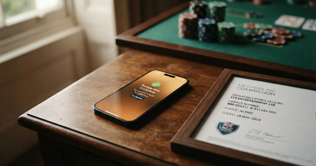 A closed e-wallet service notification on a smartphone screen beside a UK Gambling Commission licence badge, with casino chips out of focus in the background