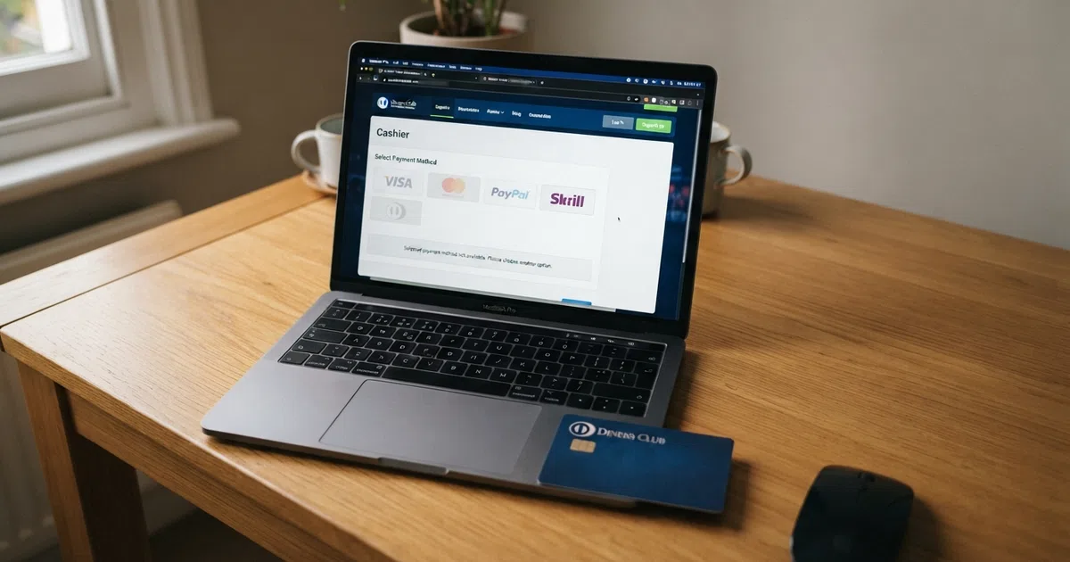 A Diners Club credit card resting beside a laptop open to a UK online casino's deposit page