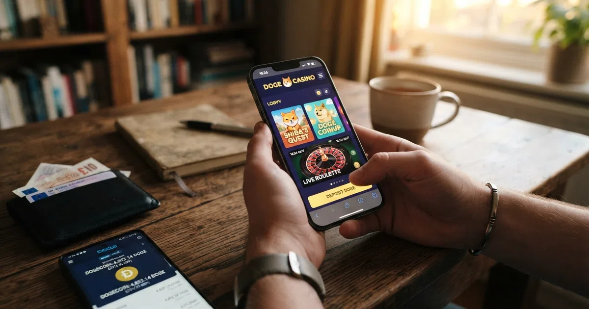 A smartphone screen showing a Dogecoin wallet balance next to an online casino lobby with slot thumbnails and a deposit prompt, the Dogecoin Shiba Inu logo visible on the wallet interface