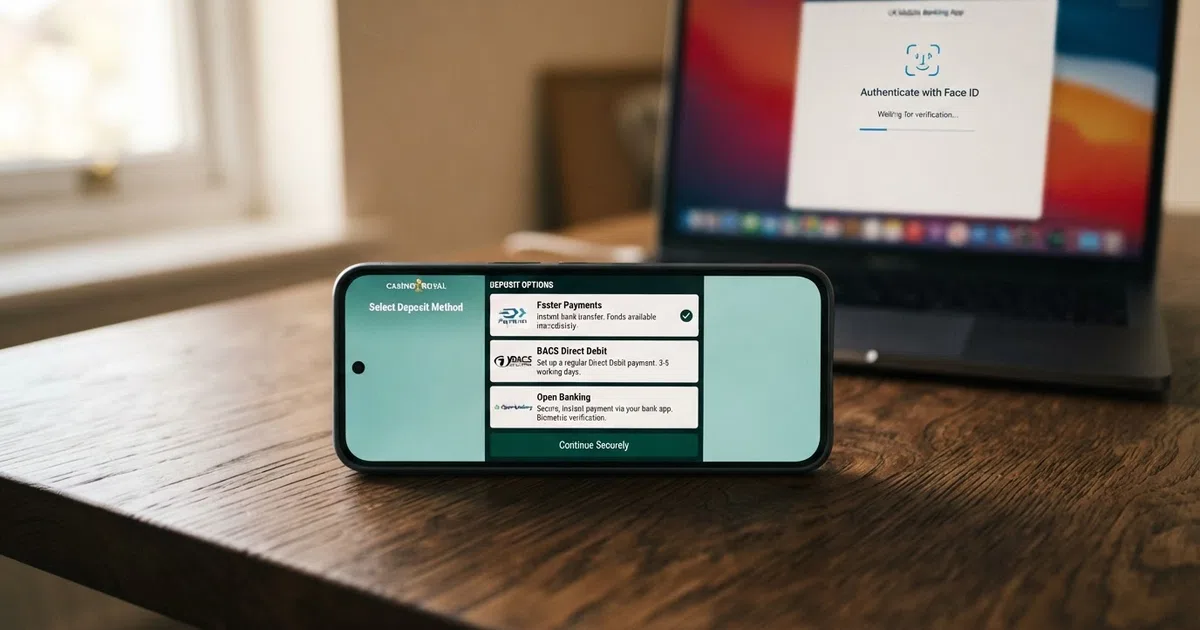 A UK online casino cashier screen showing bank transfer, BACS Direct Debit and Open Banking as three separate deposit options, alongside a smartphone displaying a mobile banking app with biometric fingerprint authentication