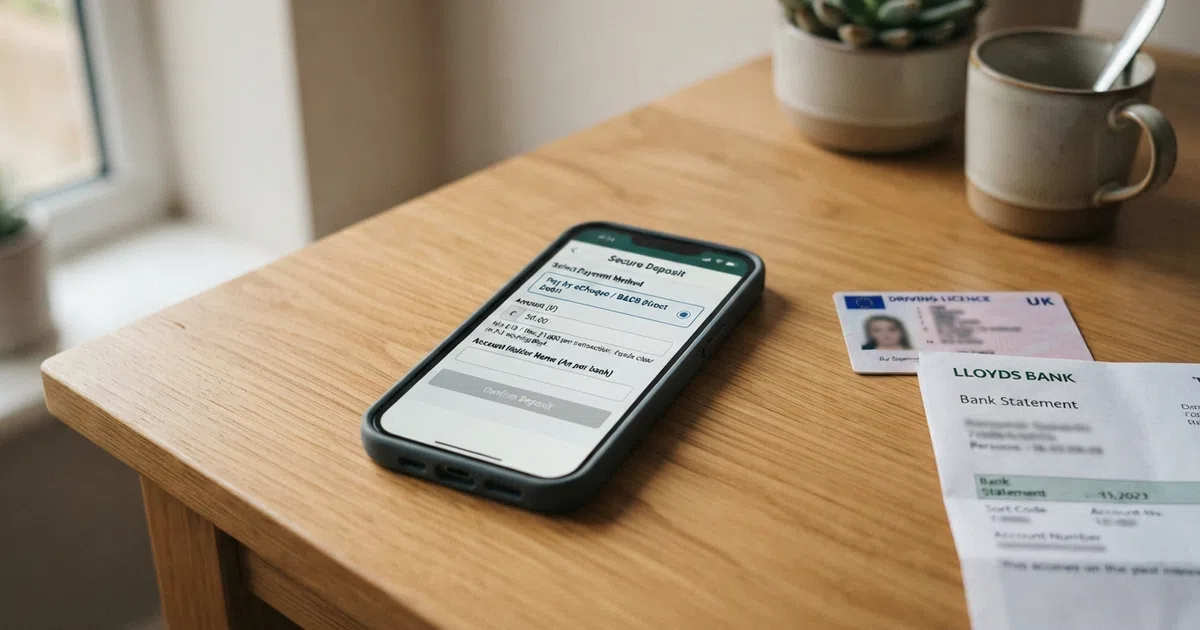 A smartphone displaying an online casino banking screen with “Pay by eCheque / BACS Direct Debit” selected, beside a UK driver's licence and a bank statement showing a sort code and account number field