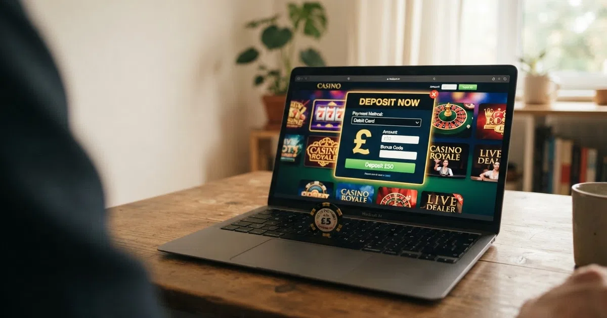 A laptop screen displaying an online casino game lobby with an Ethereum logo and a deposit interface showing ETH as the selected currency