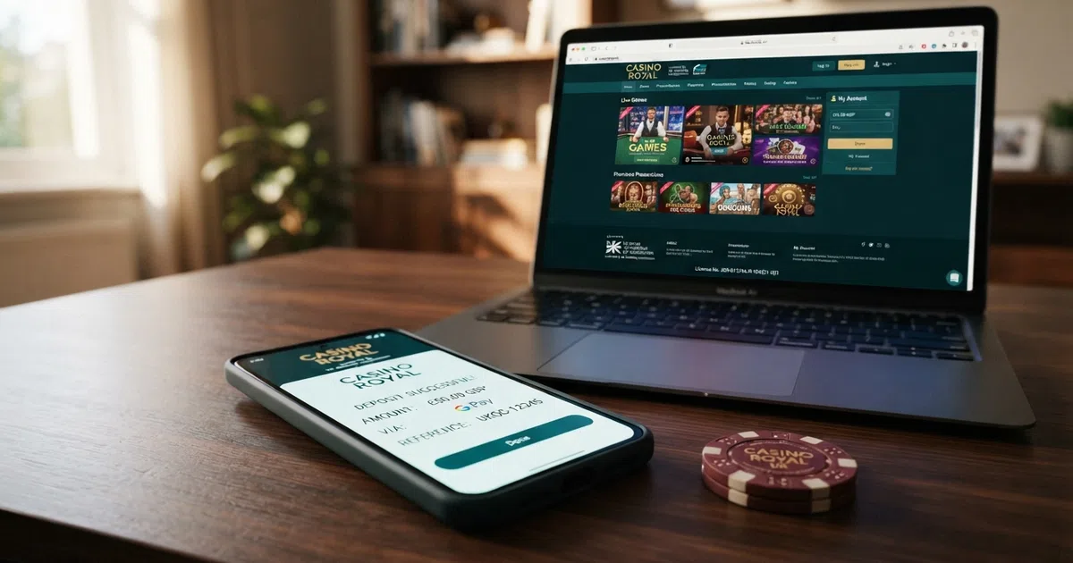 A smartphone displaying the Google Pay deposit screen next to a UK online casino homepage on a laptop