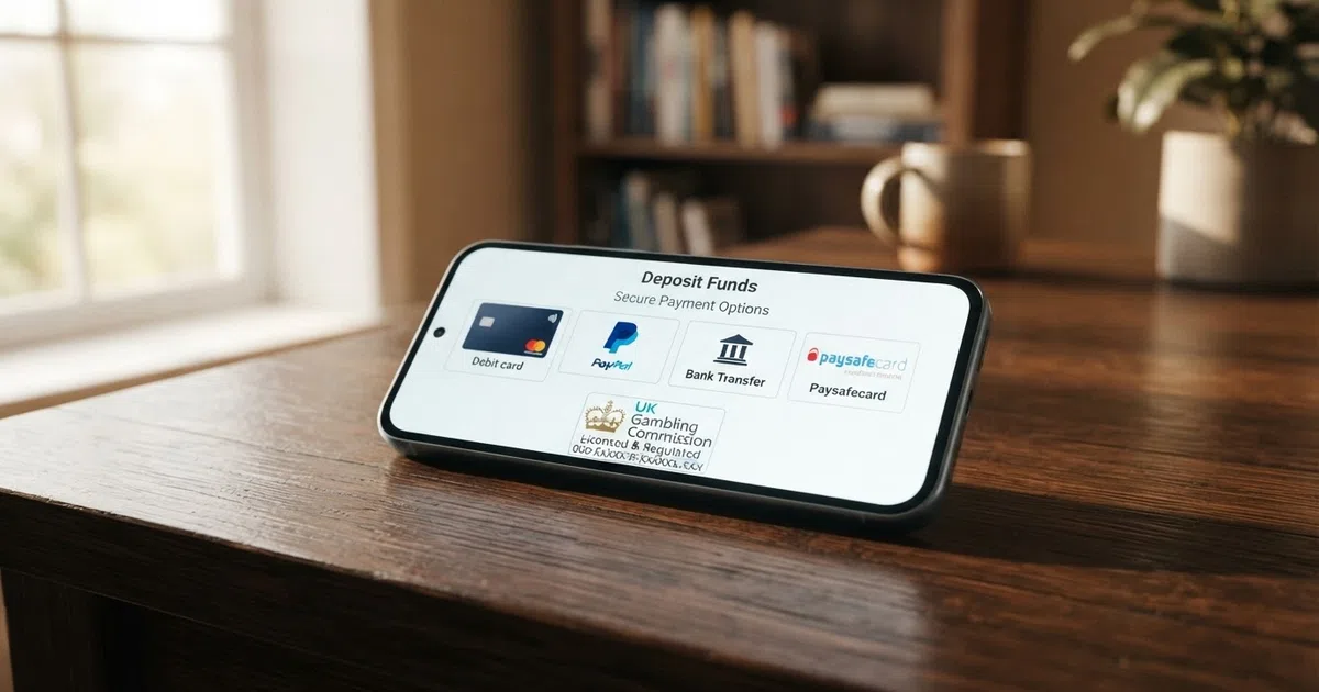 A smartphone screen showing a UK online casino banking page with debit card, PayPal and Apple Pay logos visible as deposit options beside a UK Gambling Commission licence badge
