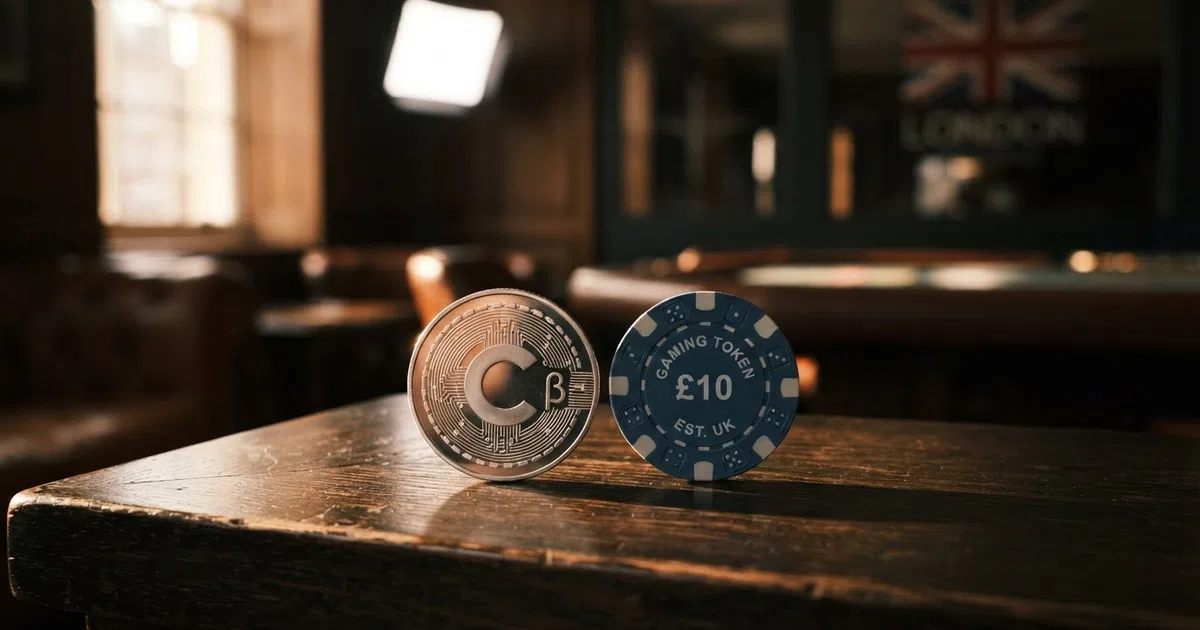 A Litecoin cryptocurrency coin positioned beside a casino chip on a dark background, with a subtle Union Jack element in the frame