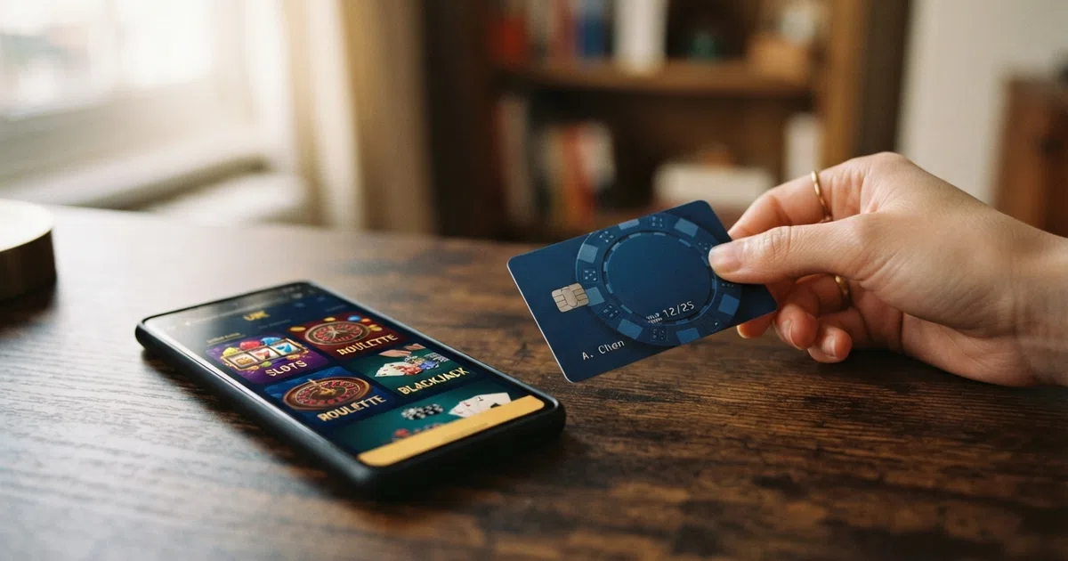 A Maestro debit card lying on a desk beside a smartphone displaying a UK online casino game lobby