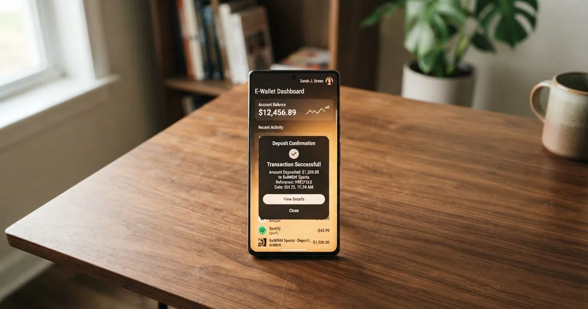 A smartphone screen showing the MiFinity e-wallet dashboard with an account balance, recent transaction history and a casino deposit confirmation overlay, against a clean neutral background