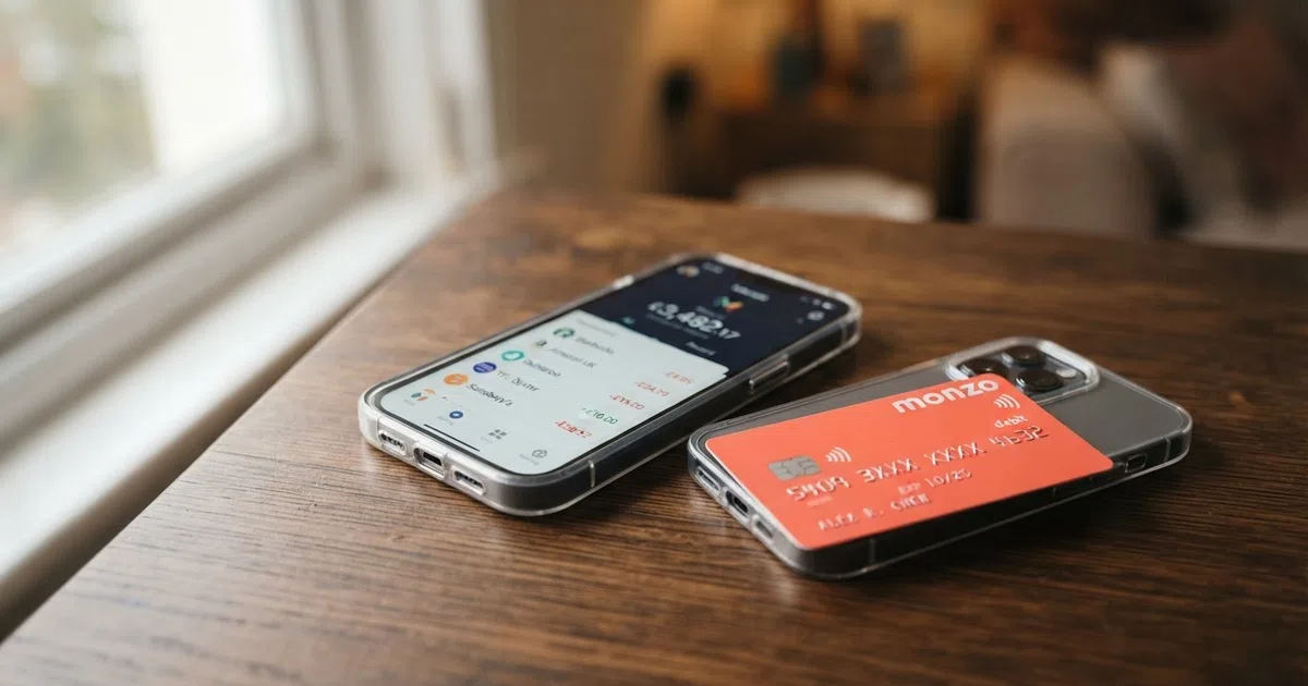 A Monzo debit card in a phone case beside a smartphone showing the Monzo app home screen