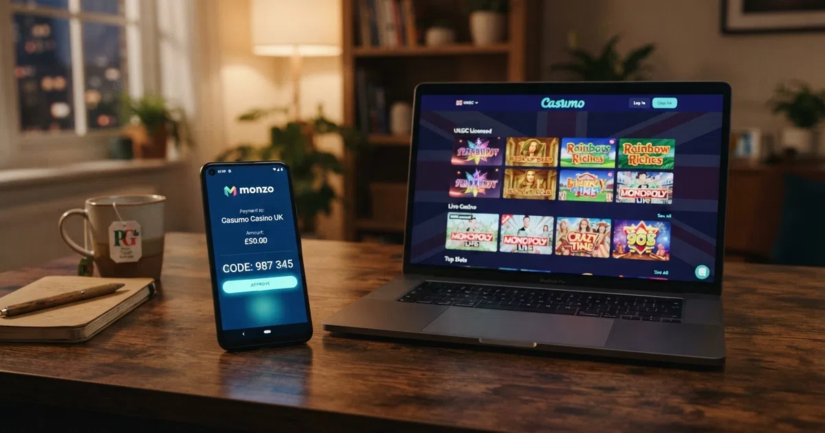 A smartphone screen showing the MuchBetter app payment-approval screen beside a UK online casino lobby displaying slots and live-dealer game tiles, with a subtle Union Jack visual cue in the background.