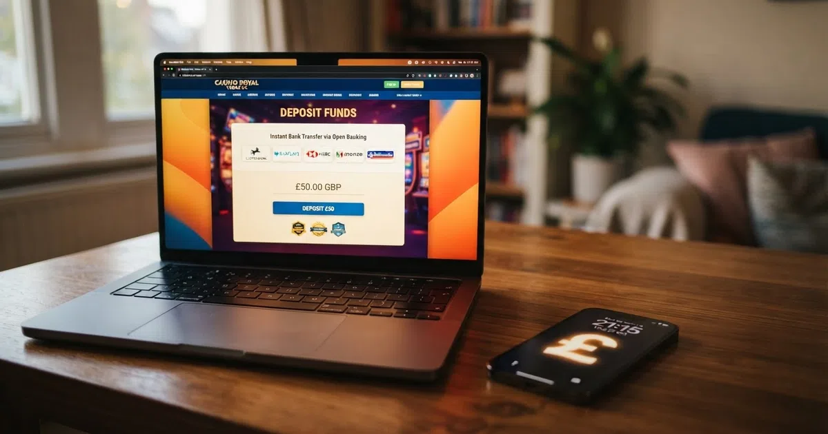 A UK online casino deposit screen showing Trustly and Open Banking as payment options alongside a smartphone displaying a bank authentication page