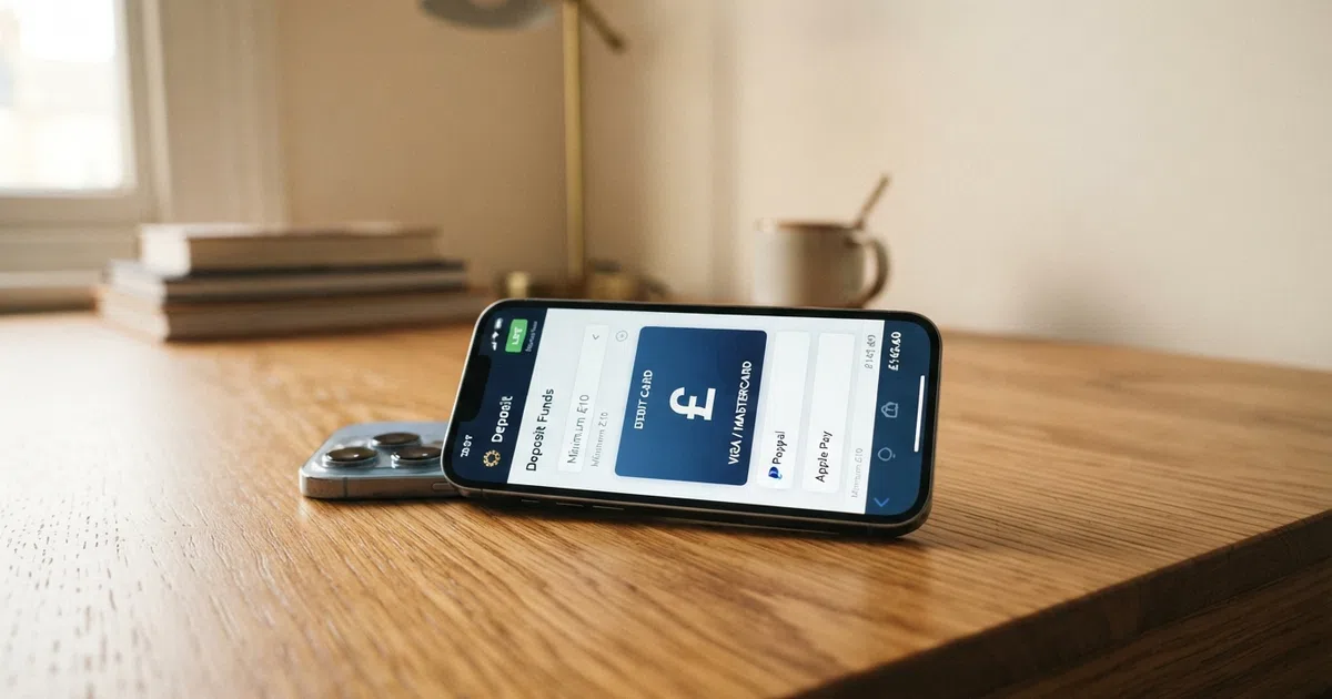 A smartphone screen showing a UK online casino cashier page with the PayPal logo visible among the deposit options, set against a clean desk background