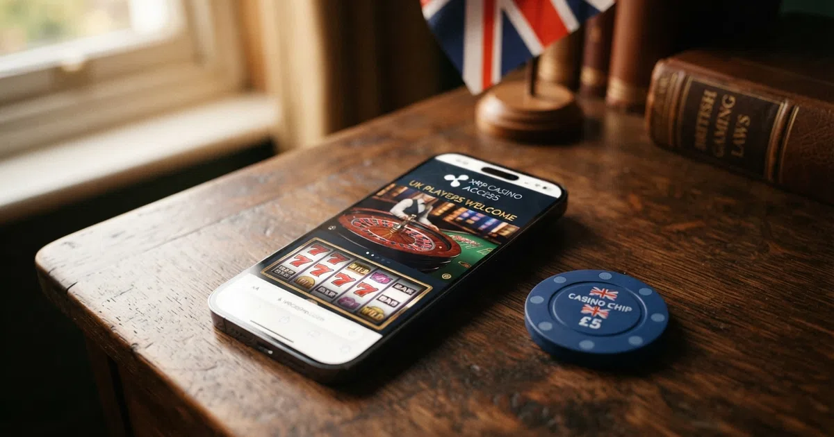 A split composition: a smartphone screen displaying an XRP casino lobby alongside a Ripple XRP token icon, with the Union Jack subtly visible in the background
