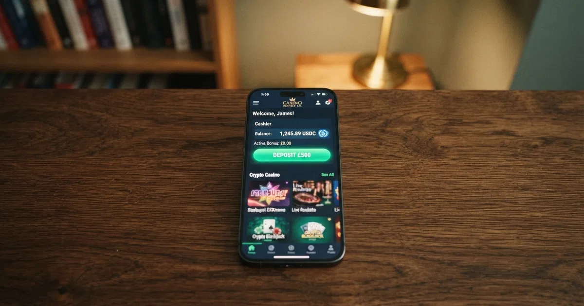 A smartphone screen displaying a crypto casino lobby with a Tether (USDT) deposit button highlighted, stablecoin logo visible beside the cashier balance