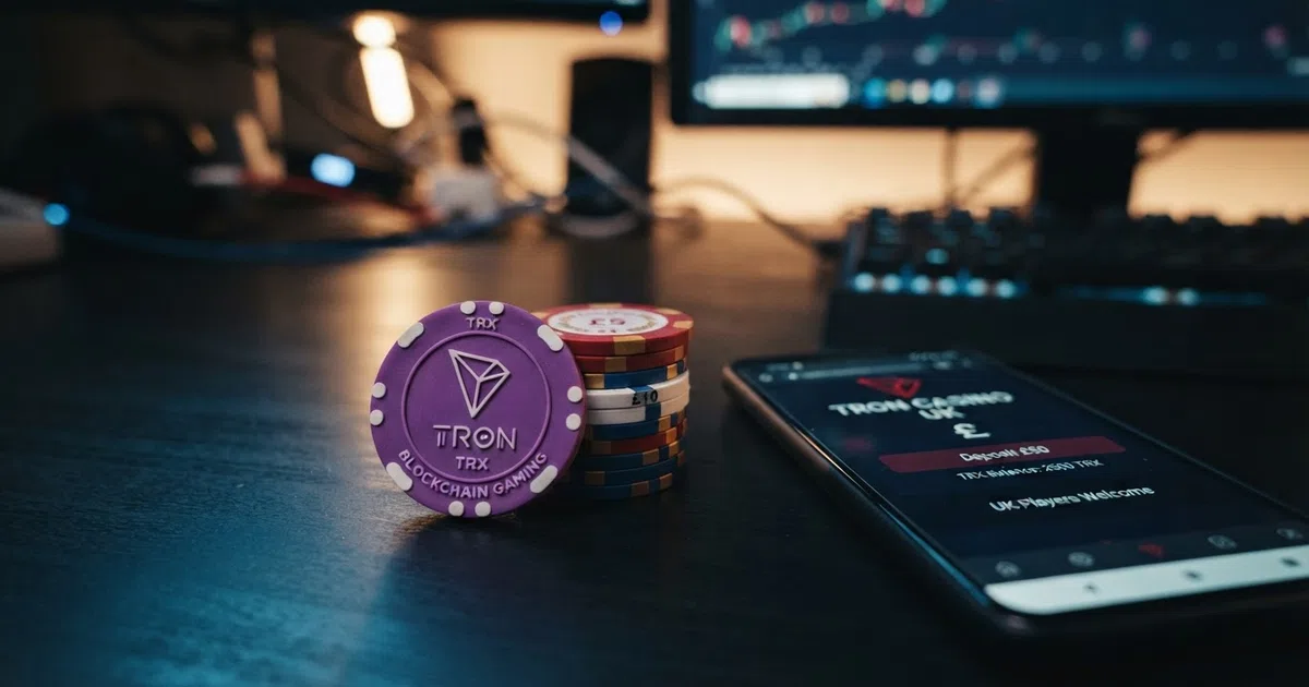 A TRON cryptocurrency token beside casino chips on a digital gaming interface
