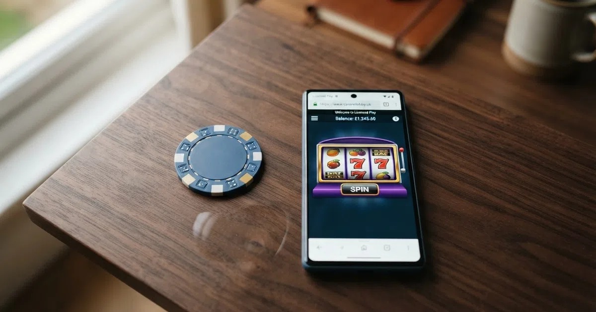 A blue Visa Debit card lying on a desk beside a smartphone displaying an online casino game lobby, with a closed padlock icon visible in the browser address bar