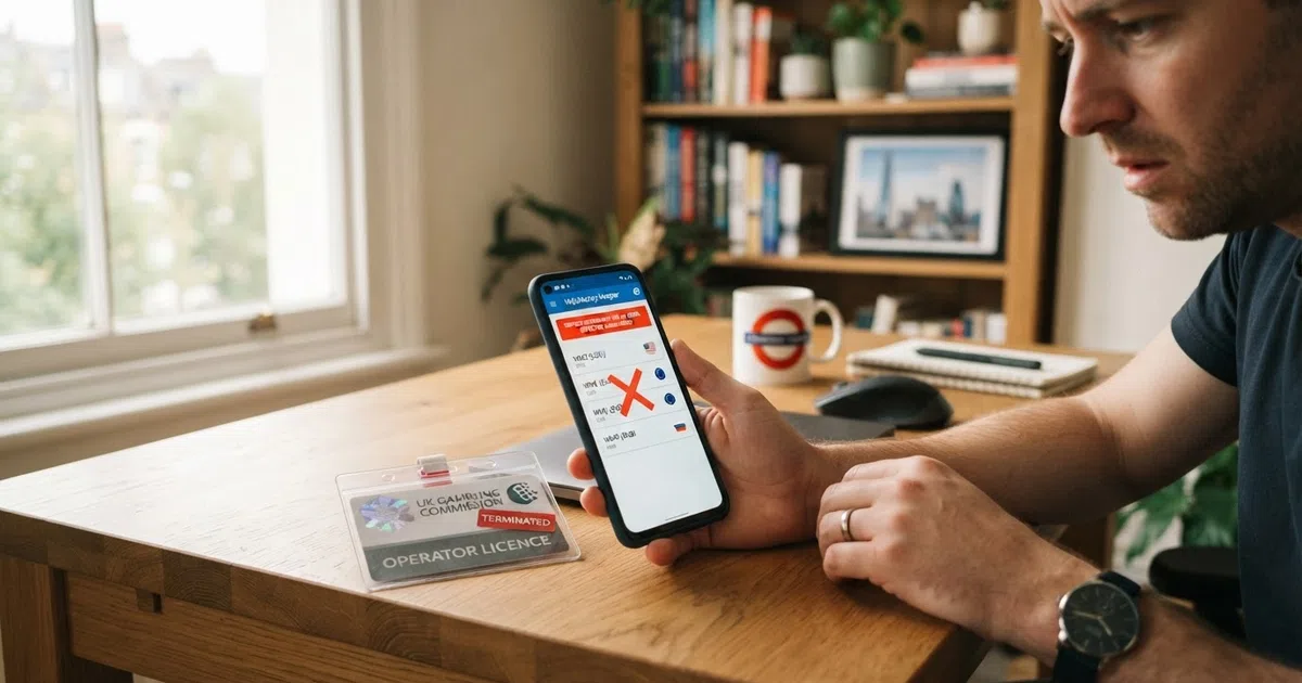 A WebMoney wallet interface on a smartphone screen beside a UKGC licence badge, with a red cancellation stamp overlaying the WebMoney logo