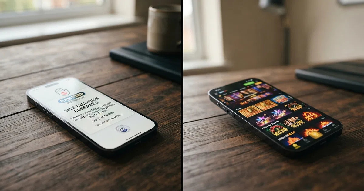 A split-frame composition: on one side, a UKGC licence badge and the GamStop logo on a smartphone screen with a self-exclusion confirmation overlay; on the other, an offshore casino lobby screen displaying slots and a live-dealer table, with no GamStop badge visible.
