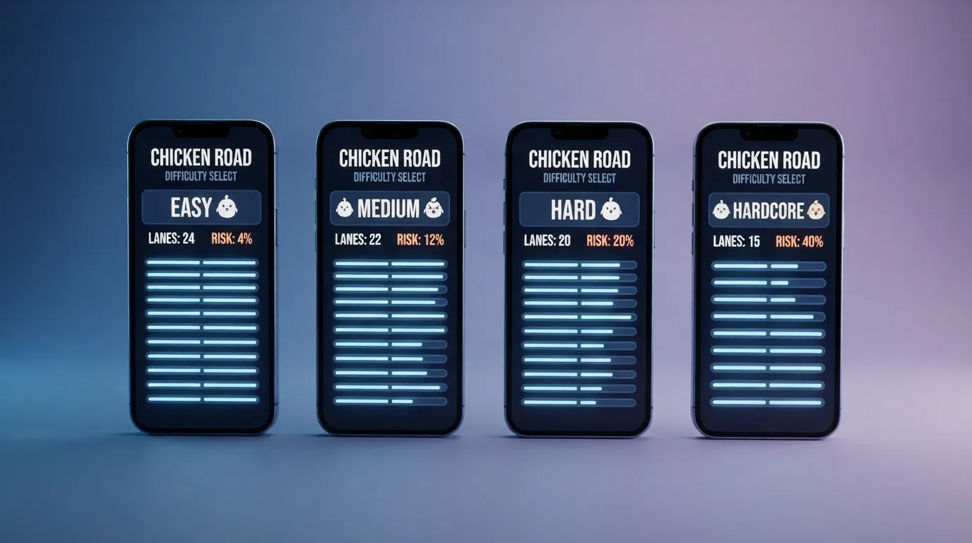 The four Chicken Road difficulty-select screens — Easy, Medium, Hard and Hardcore — showing lane counts and risk percentages