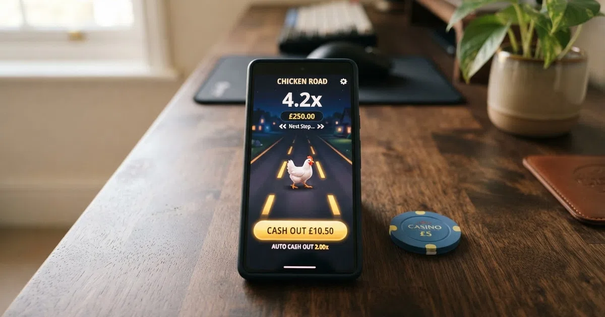Chicken Road crash-game interface on a mobile screen showing a chicken mid-crossing with multiplier active and cash-out button visible