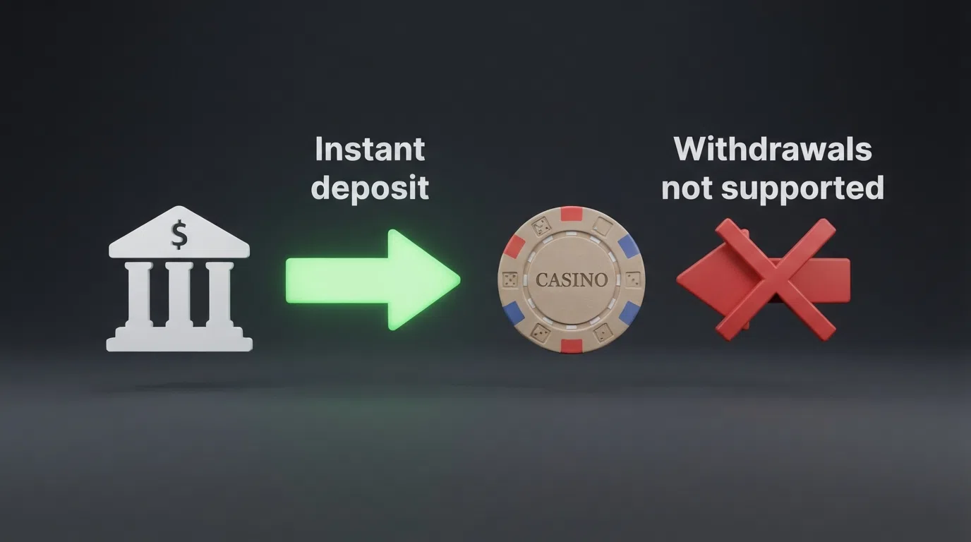 A side-by-side diagram showing an instant deposit arrow from a bank to a casino marked Citadel, and a crossed-out return arrow labelled withdrawals not supported