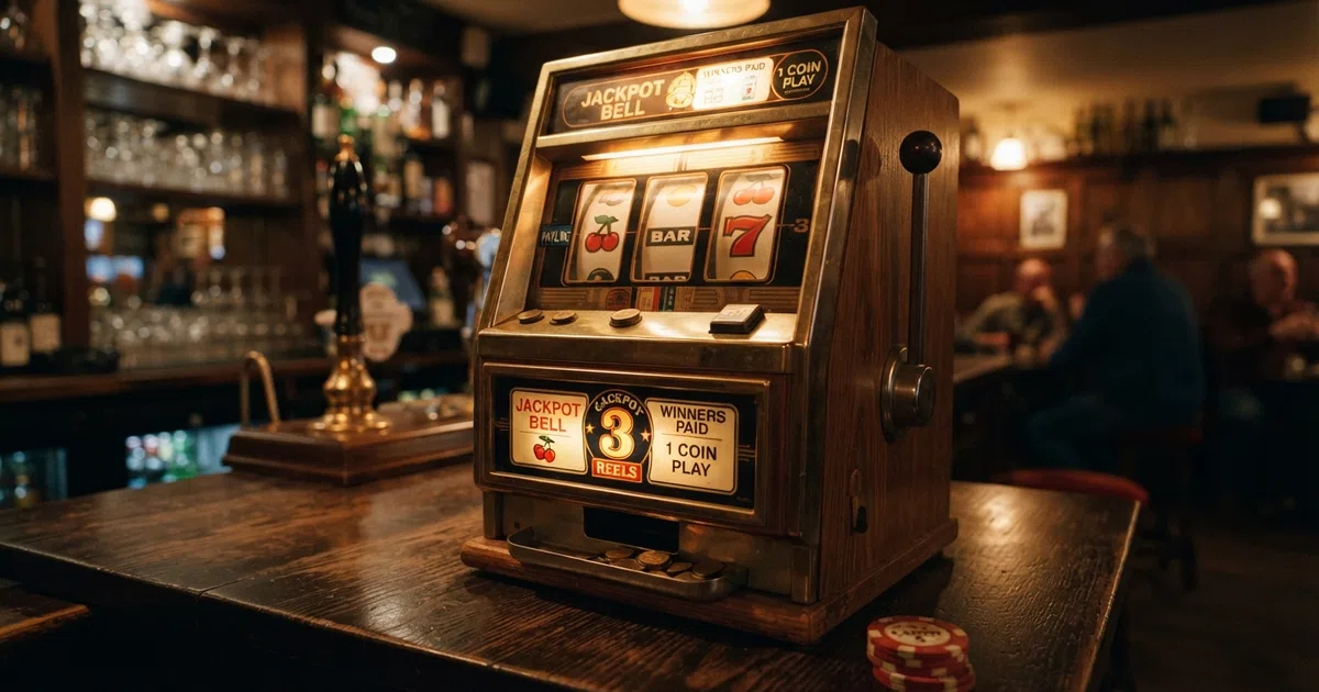 A glowing three-reel classic slot machine with cherry, BAR and lucky seven symbols lined up on a single payline
