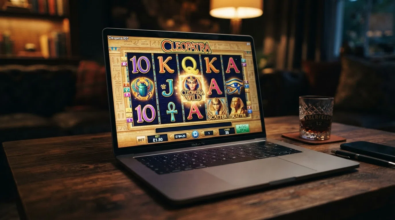 The Cleopatra slot reel set in close-up, showing the 5×3 layout, Egyptian-themed symbols and the Cleopatra wild
