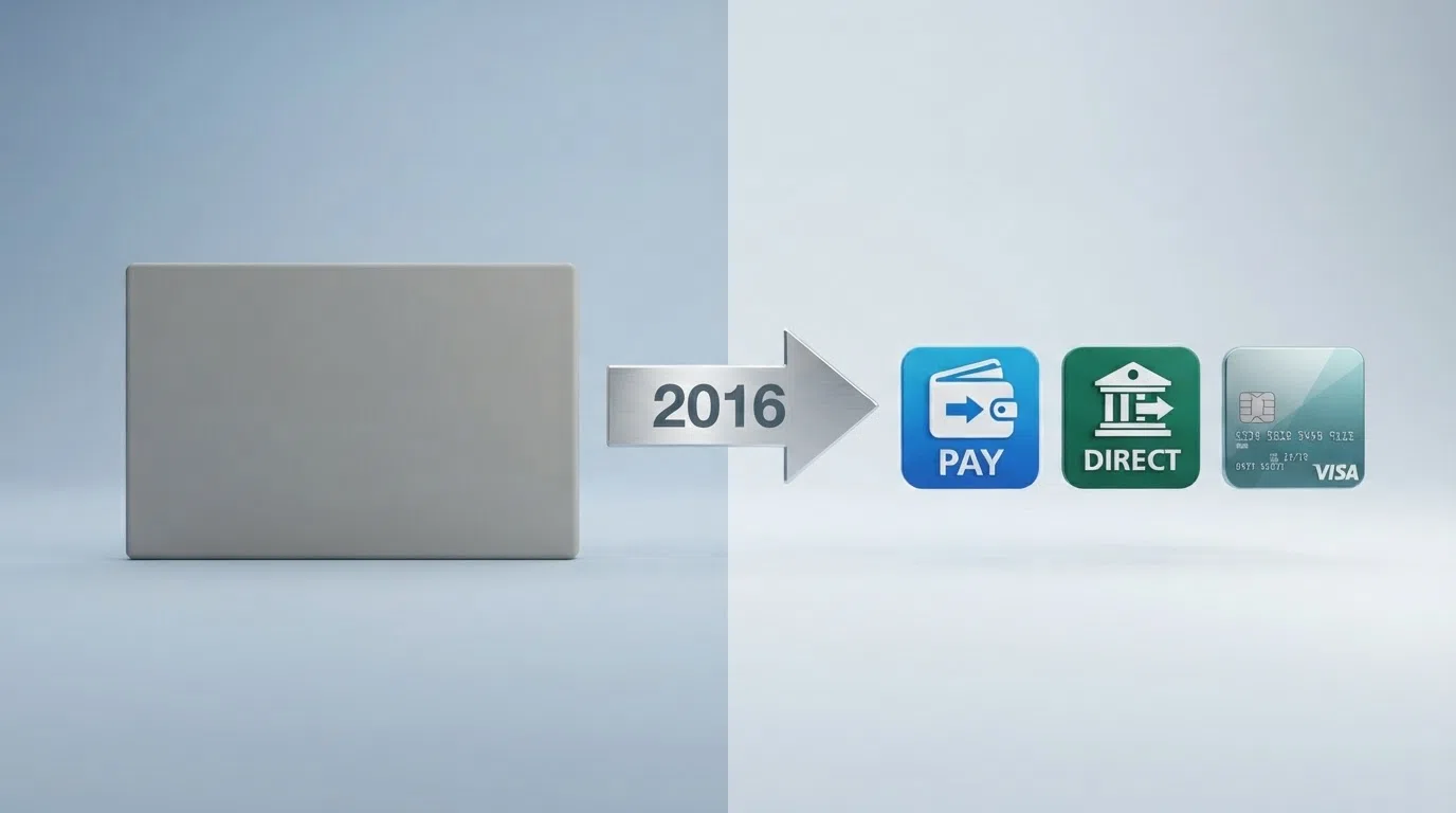 A side-by-side comparison illustration showing a retired ClickandBuy logo on the left and the logos of PayPal, Trustly and a debit card on the right, connected by an arrow labelled with the 2016 closure date