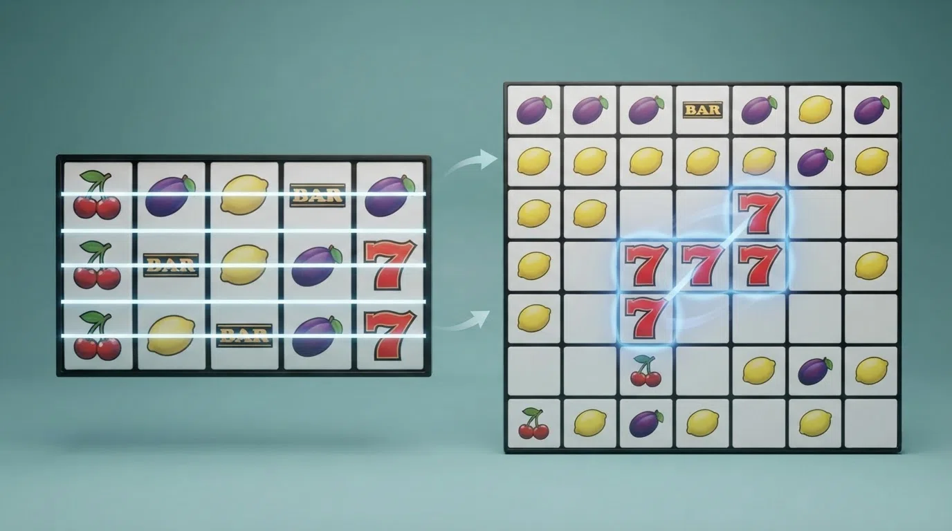 A split comparison showing a traditional 5×3 payline slot on the left and a 7×7 cluster pays grid on the right, with arrows marking the difference between fixed lines and freeform clusters