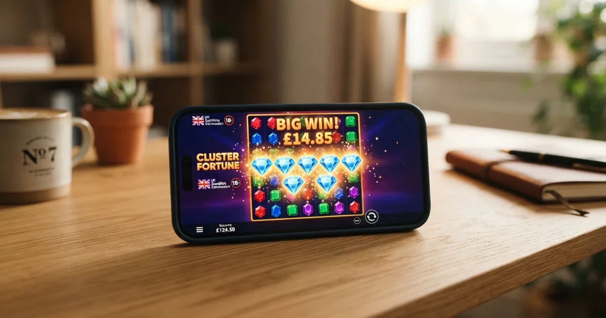 A cluster pays slot grid on a smartphone screen, with a cluster of five matching symbols highlighted and the win amount displayed above the reels