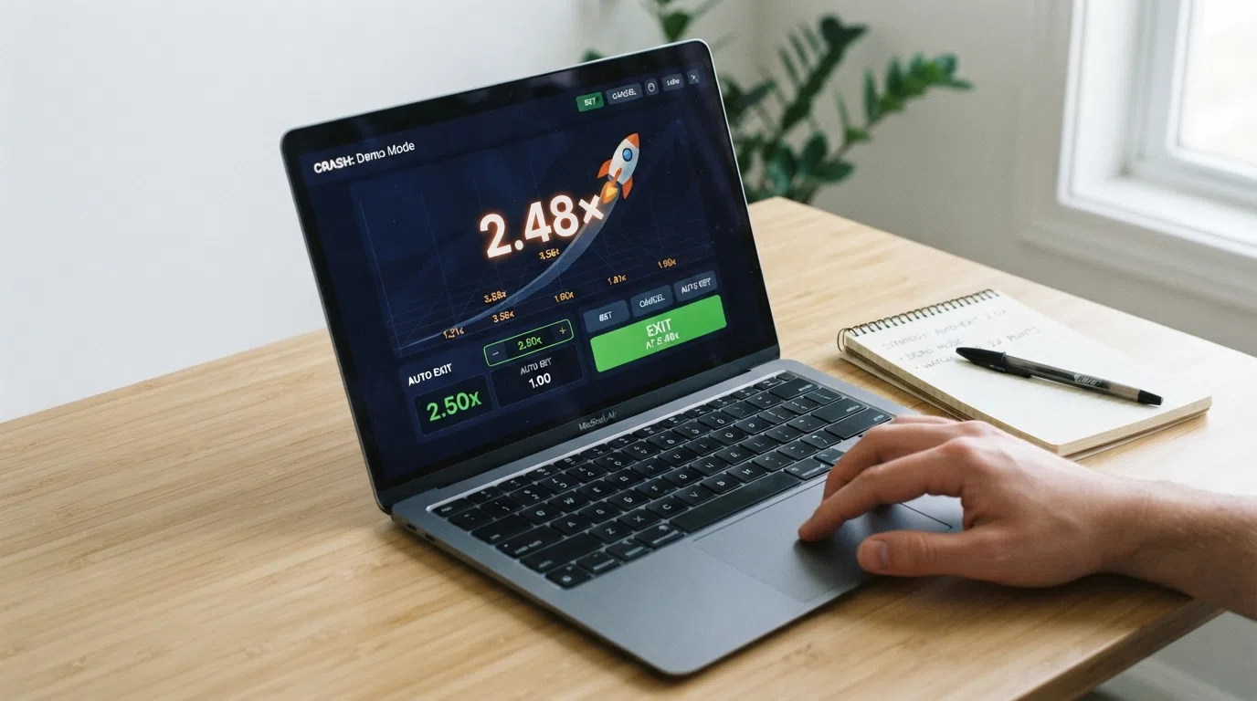 A crash game running in demo mode showing a virtual balance, a mid-round multiplier and auto-cash-out settings on a laptop screen
