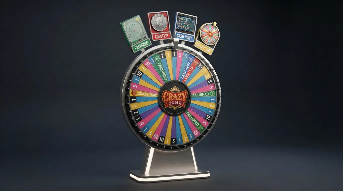 Crazy Time's 54-segment wheel showing the four bonus-round flappers — Cash Hunt, Pachinko, Coin Flip and Crazy Time — above the numbered bet positions