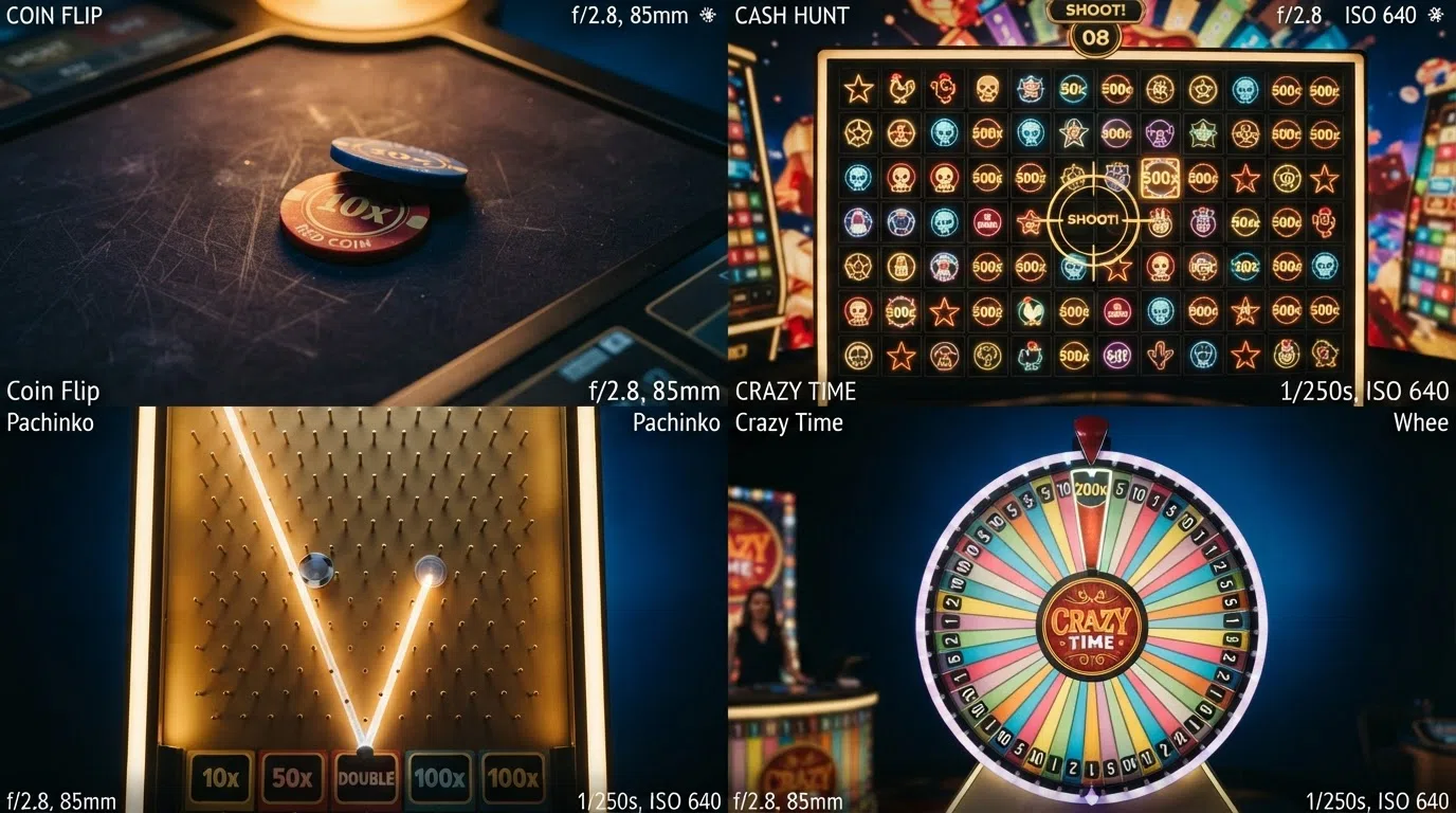 A composite view of the four bonus-round screens — the coin-toss overlay for Coin Flip, the shooting-gallery wall for Cash Hunt, the pegboard drop for Pachinko, and the giant bonus wheel for the Crazy Time round