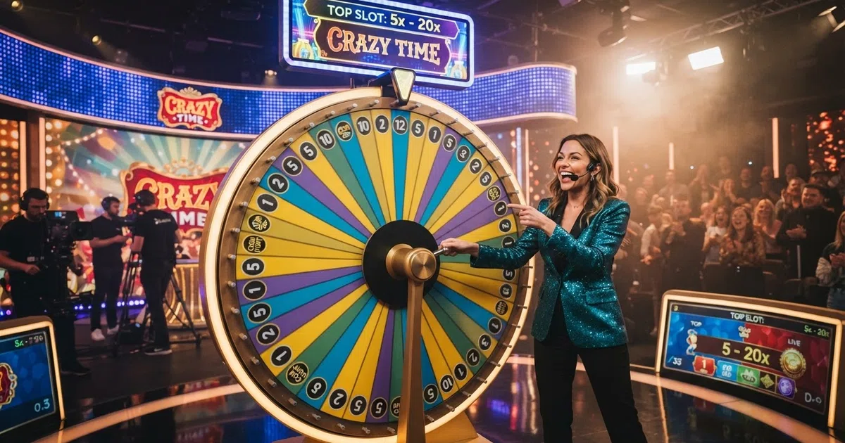 A live casino studio with a giant 54-segment money wheel, a host standing beside it, and a digital Top Slot display overhead showing a multiplier