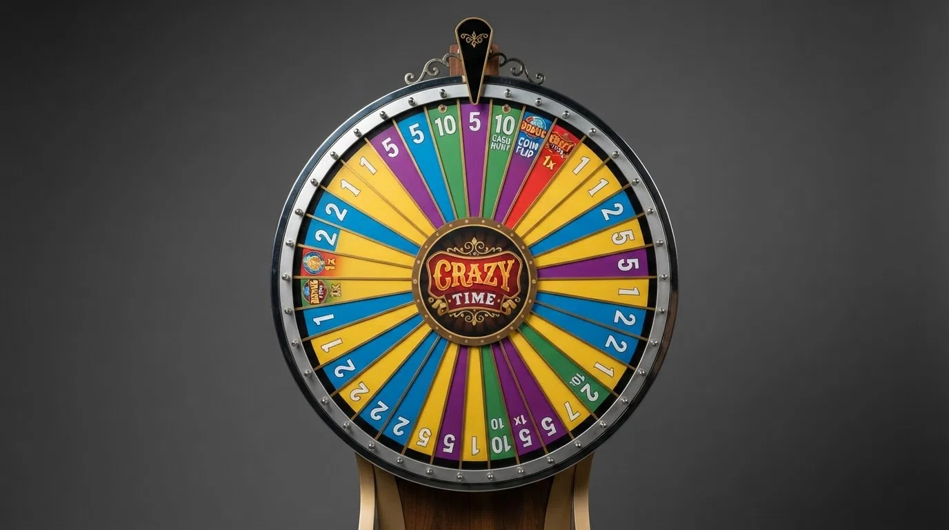 An annotated close-up of the Crazy Time wheel showing the 54 colour-coded segments — yellow number 1, blue number 2, purple number 5, green number 10, and the four bonus-round segments in their own colours
