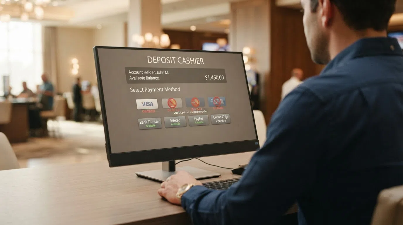 A casino deposit cashier screen with the card-payment options greyed out