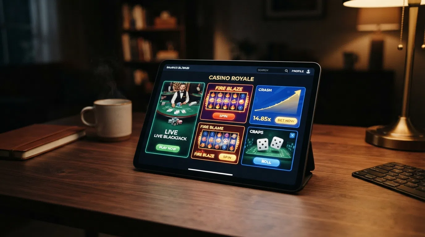 A grid of game thumbnails — a slot reel, a live blackjack table, a crash-game multiplier graph and a dice-roll interface — over a dark casino-branded background.