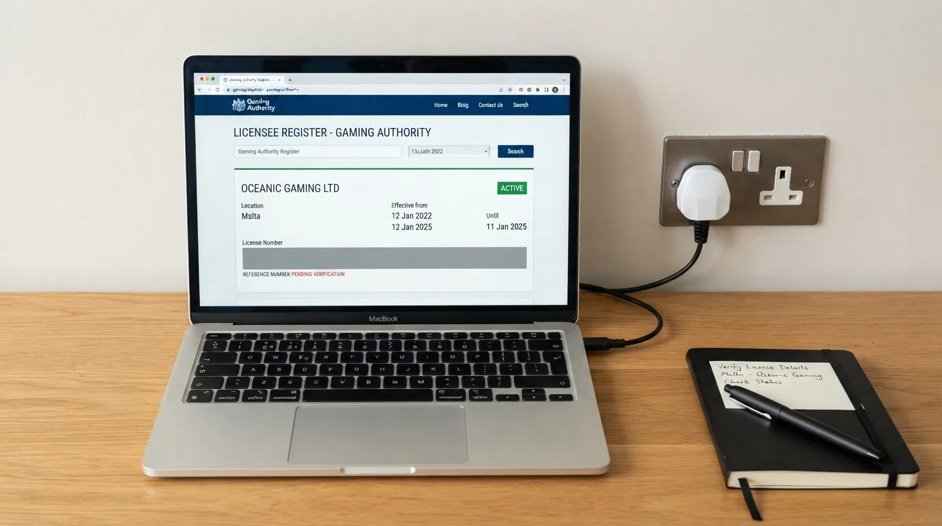 A close-up of a laptop screen displaying the Curaçao Gaming Authority public register search page with a licence entry visible, a UK plug socket in the background