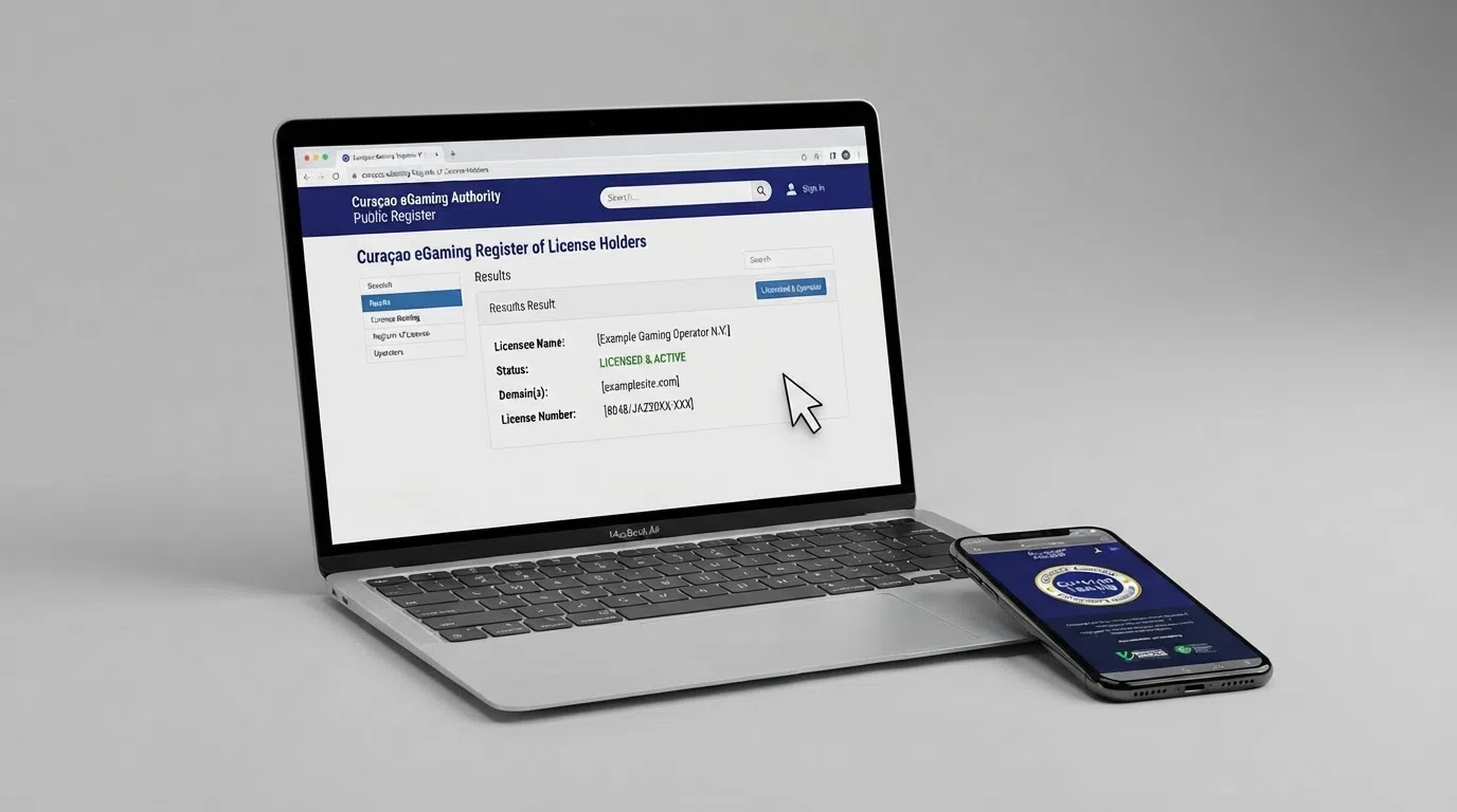 A browser window showing the CGA public licence-register search page with an active OGL entry returned, the licence number matching the one displayed on the casino site