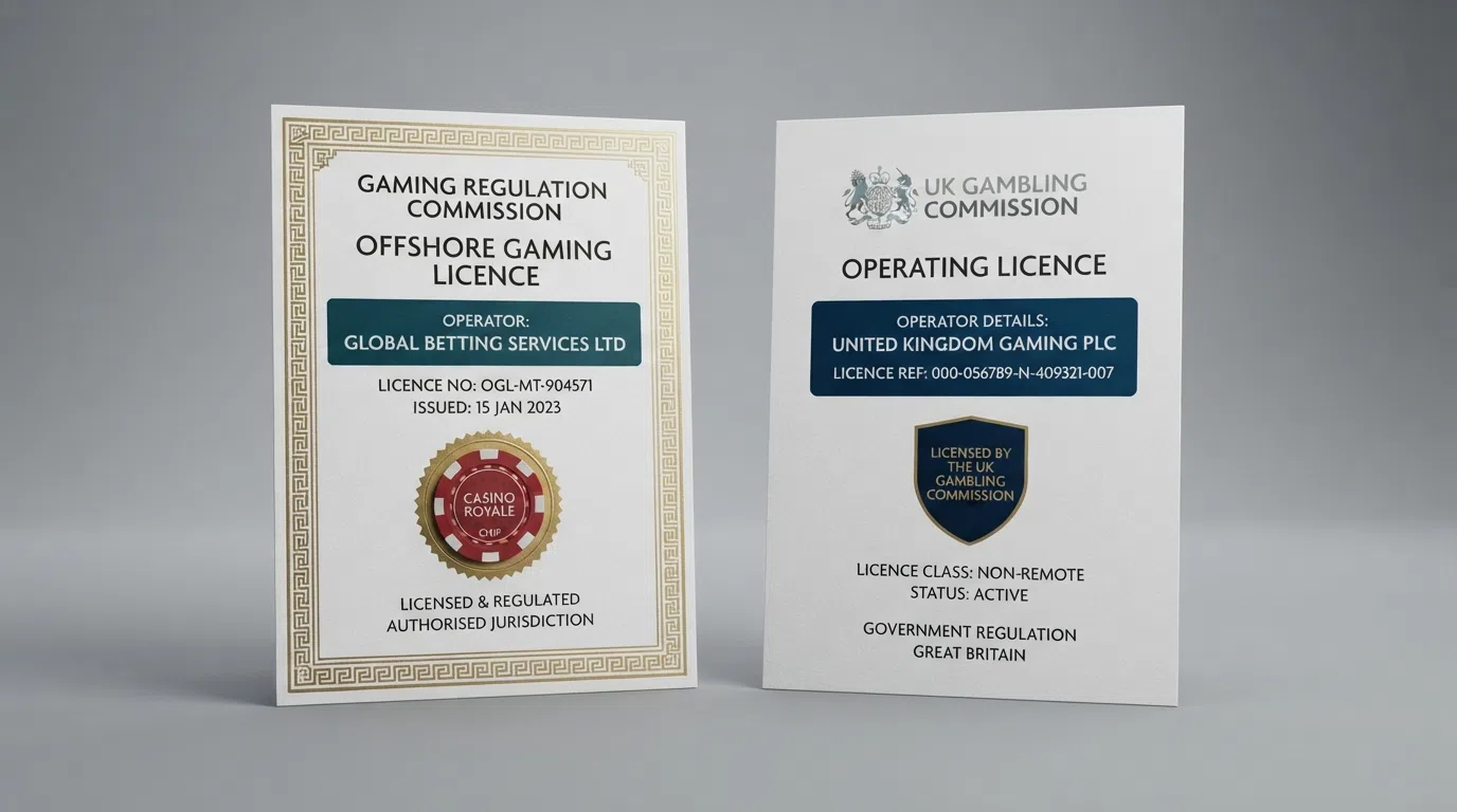 A split visual: the Curaçao Gaming Control Board licence certificate on one side, the UK Gambling Commission logo and register-entry excerpt on the other