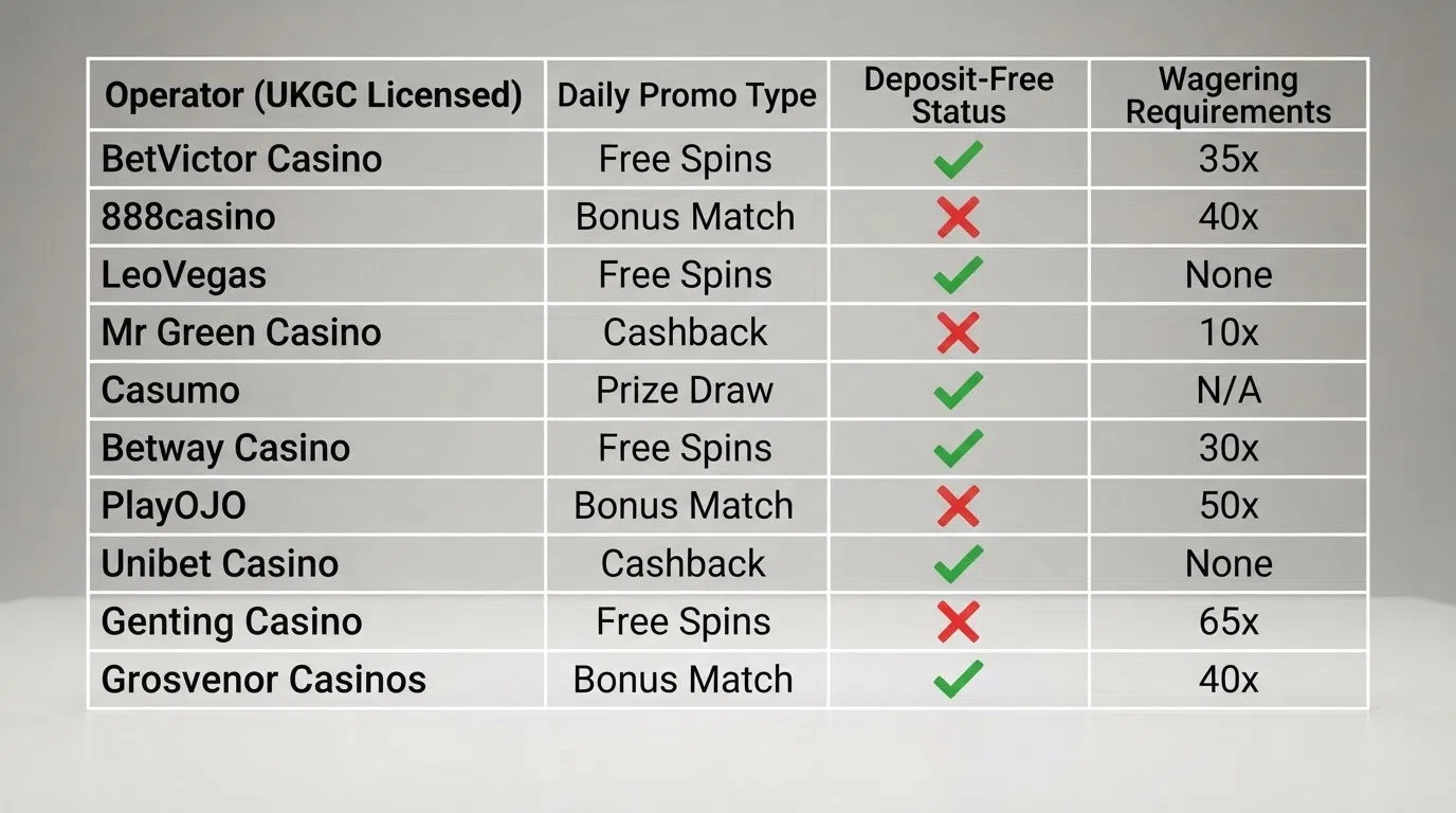 A structured comparison table with operator names in the left column, daily-promo types in the centre, and green checkmarks and red crosses in the deposit-free column