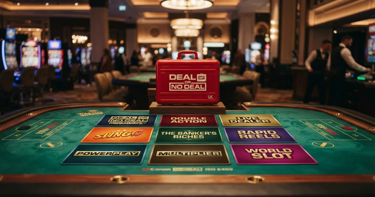 A brightly lit grid of Deal or No Deal slot title cards arranged across a green casino-felt background, with the familiar red briefcase logo centred above them