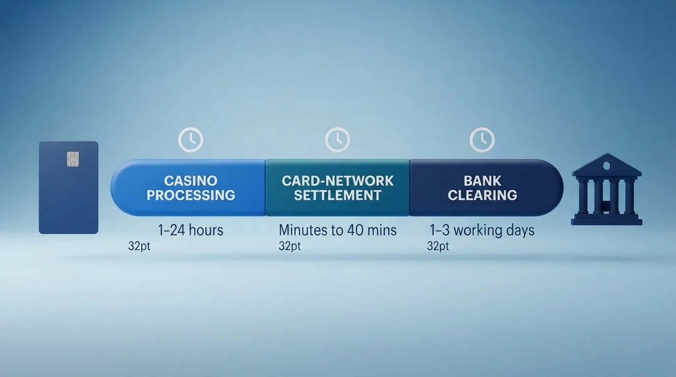 A simplified timeline diagram showing the three stages of a debit card casino withdrawal — casino processing, card-network settlement and bank clearing — with approximate time ranges for each