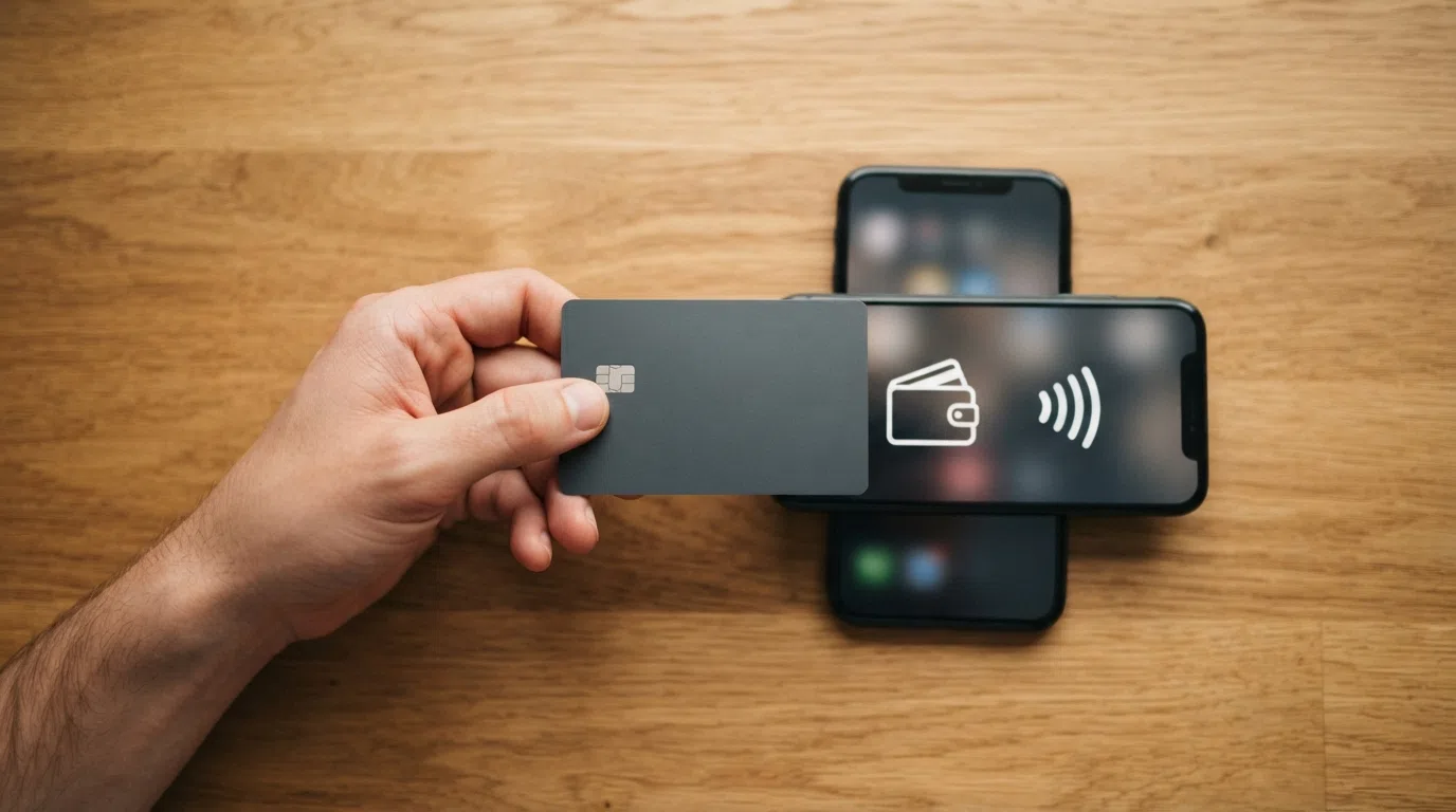 A hand holding a debit card beside a smartphone showing PayPal and Apple Pay