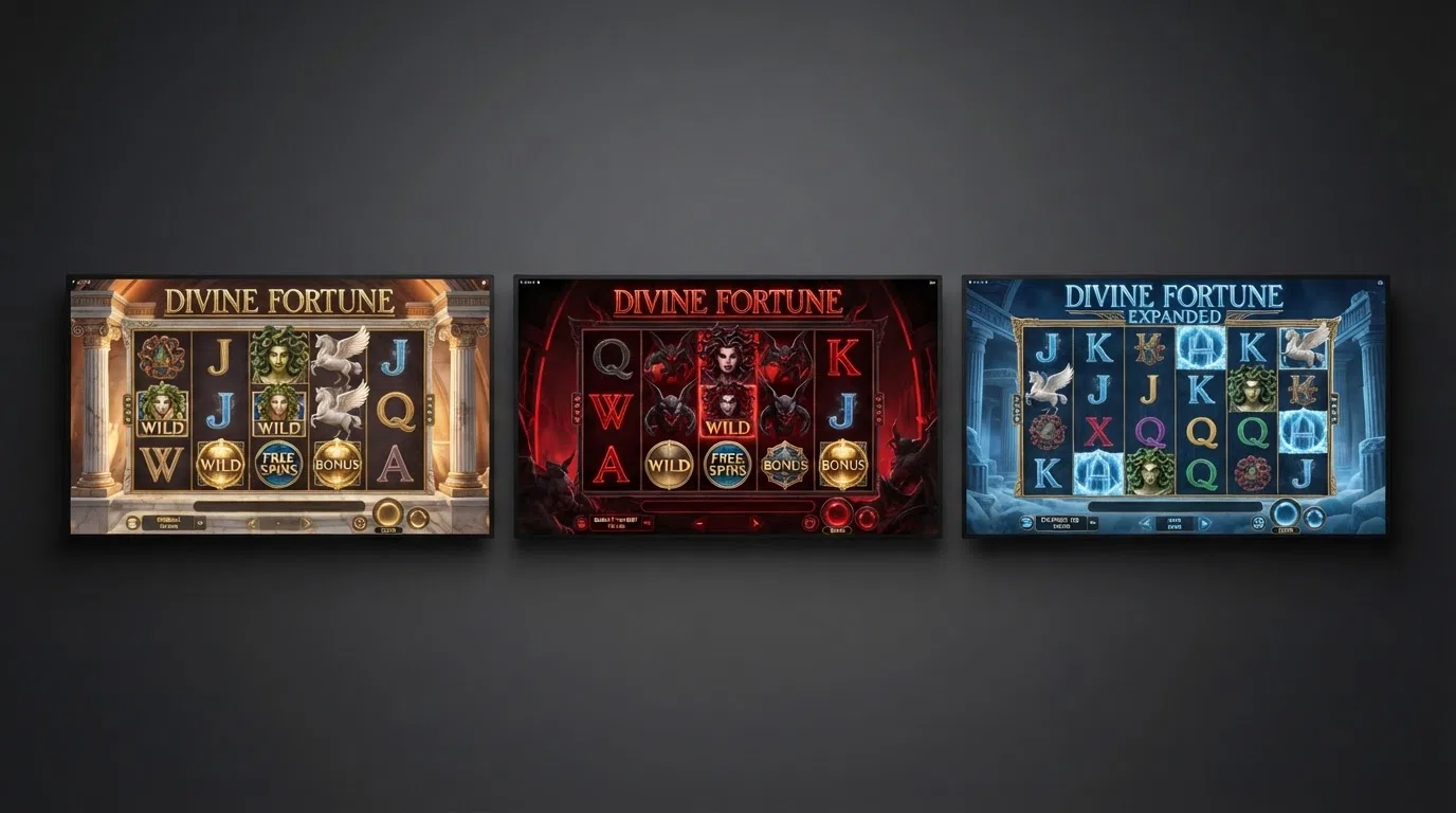Three Divine Fortune edition title screens side by side: the original with gold-accented Greek columns, the darker Black variant with red highlights, and the Megaways edition showing its expanded 6-reel layout