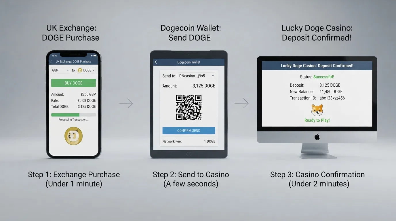 A three-step diagram showing the flow from a UK exchange app to a personal Dogecoin wallet to a casino deposit address, with estimated times at each stage