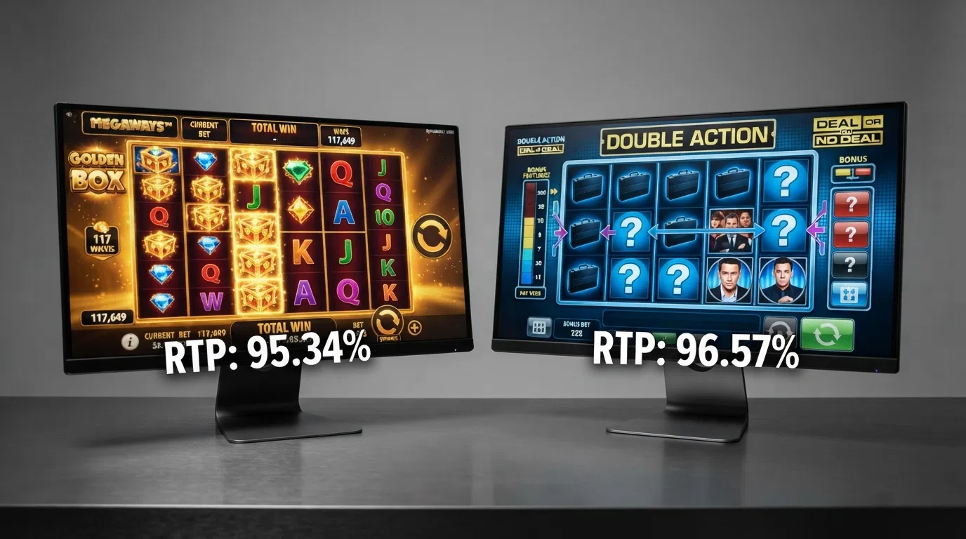 A split-screen comparison showing the Megaways Golden Box 6-reel layout on one side and the Double Action both-way-payline grid on the other, with RTP percentages overlaid