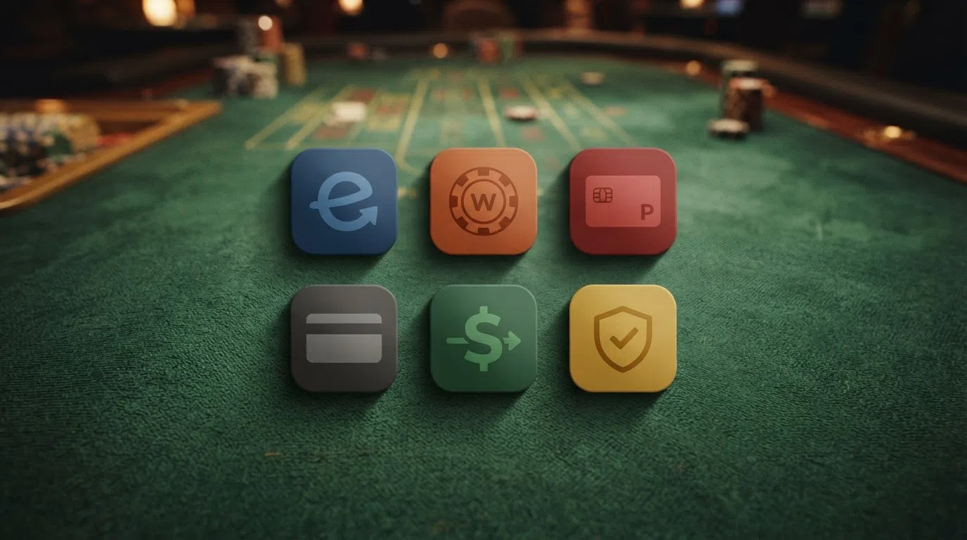 The logos of Skrill, Neteller, PayPal, Trustly, Paysafecard and Revolut arranged in a grid against a casino-themed background
