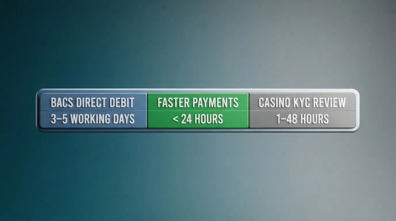 A visual timeline comparing BACS Direct Debit at 3–5 working days, Faster Payments at under 24 hours, and the casino KYC review window adding 1–48 hours before either rail is triggered